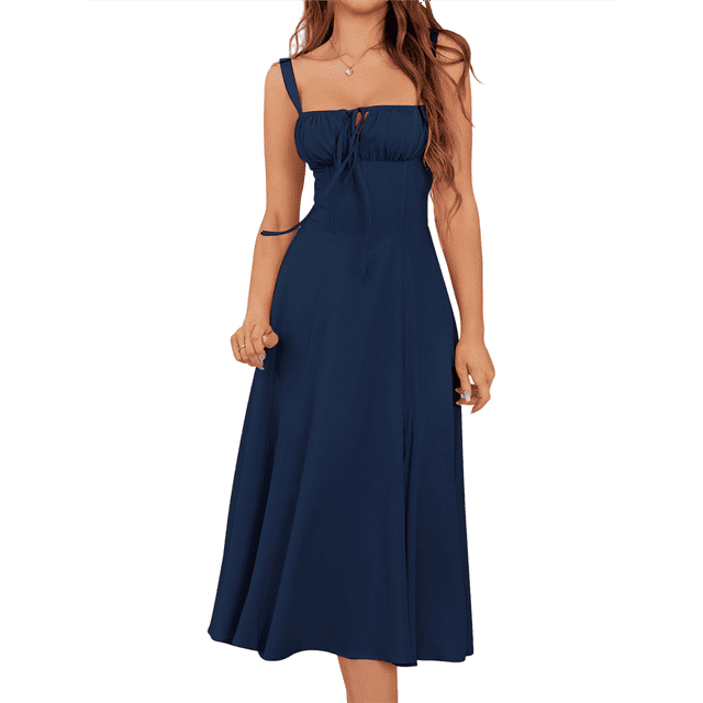 Robe Corset Midi Fluide Fendue à Lacets pour Femmes, Thé, Ligne A, Décontractée, Robe d'Été Bleu Marine P