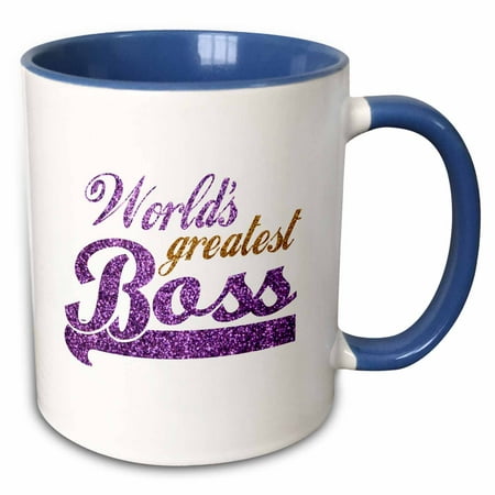 3dRose Worlds Greatest Boss - Best work boss ever - purple and gold text - faux sparkles matte glitter-look - Two Tone Blue Mug, (Best Looking Golf Clubs)