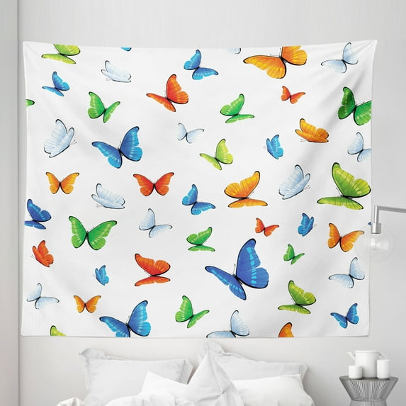 Colorful Tapestry, Butterflies Animal Clipart Ecology Environment Joyful Design Cartoon Tropics, Fabric Wall Hanging Decor for Bedroom Living Room Dorm, 5 Sizes, Multicolor, by Ambesonne