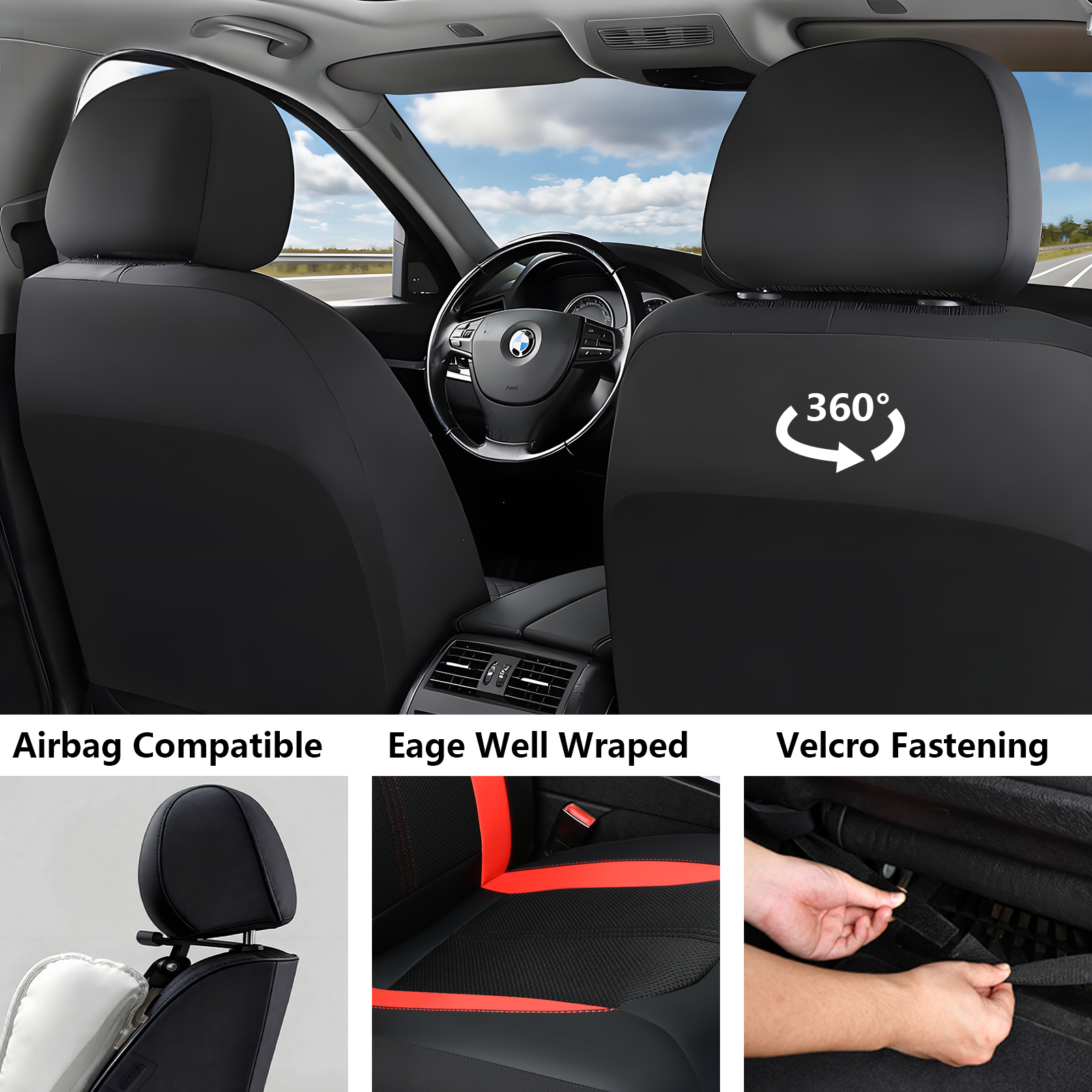 Coverado Premium PVC & Fabric Car Seat Covers, Black & Red photo 8