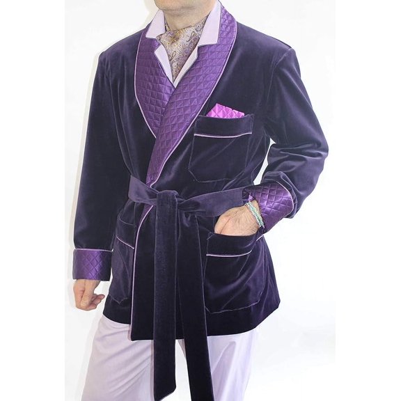 Men Smoking Jacket Purple Velvet Quilted Dinner House Party Dinner Robe For Christmas Smoking Blazer