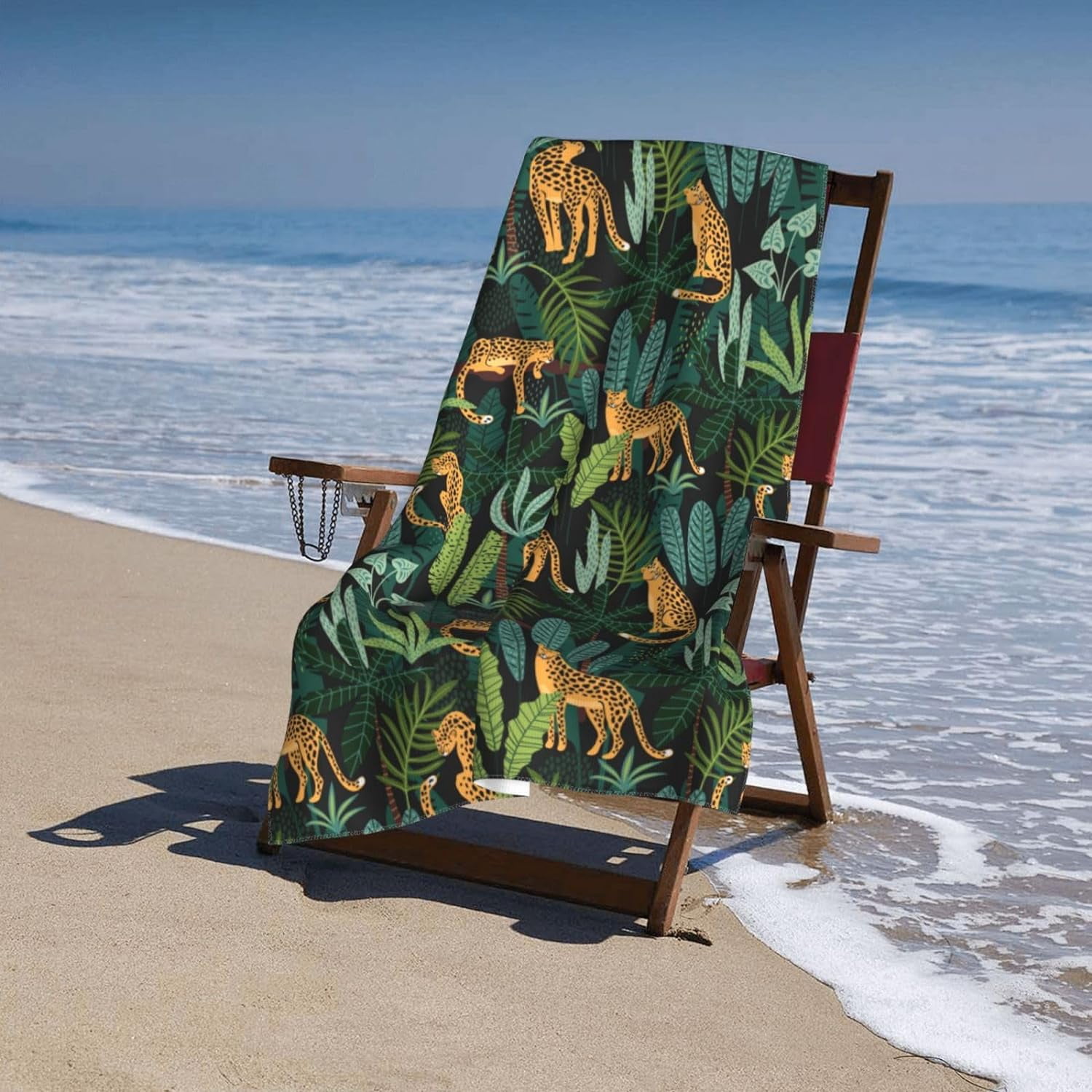 Leopard Print Towels Wild Animal Leopard and Tropical Leave Spots Beach Bath Towel Soft Absorbent Microfiber Hand Towels for Hair Spa Hotel 52x32 Inch Trendy