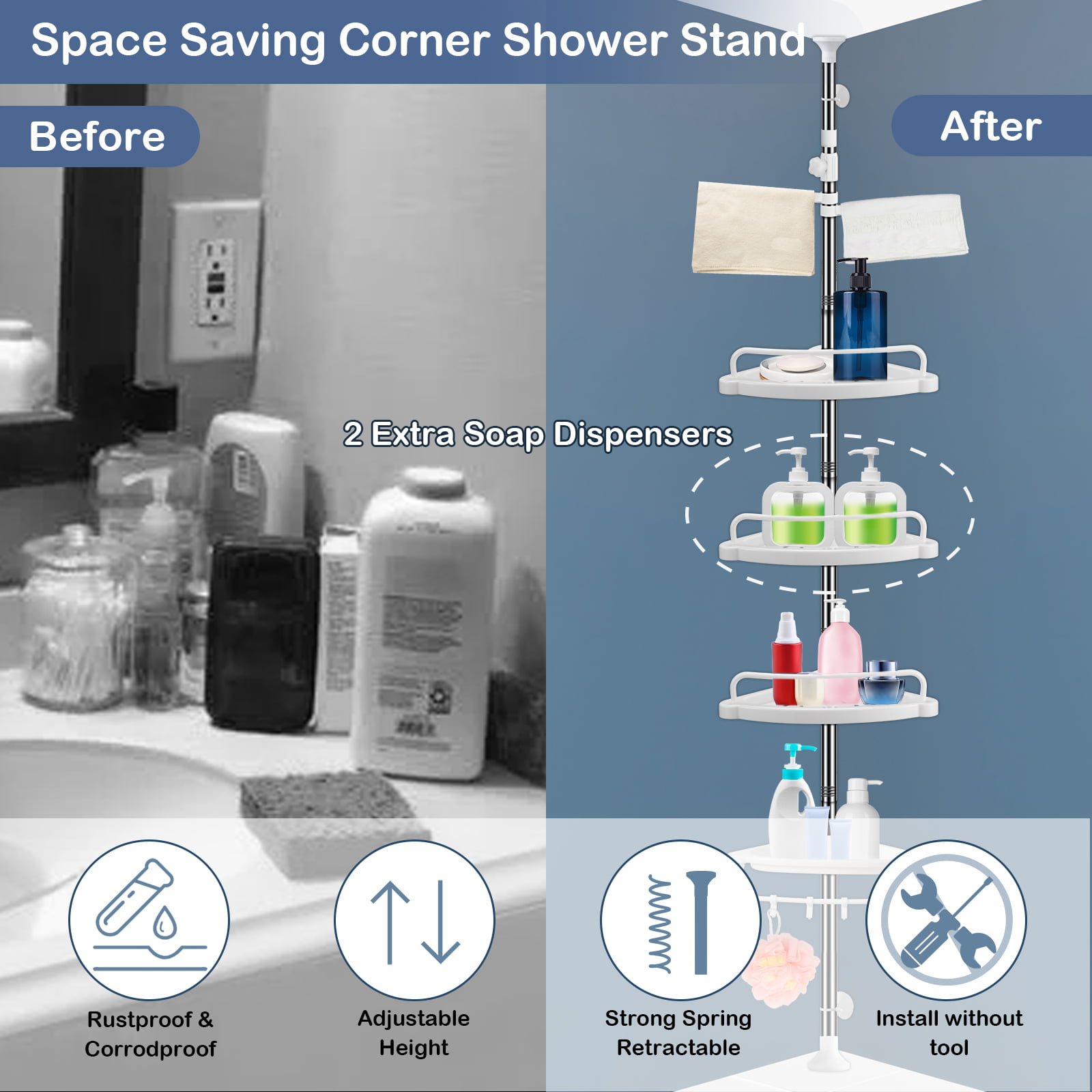 Yeyebest Corner Shower Caddy Tension Pole, 39-125 inches Bathroom Pole with  4 Plastic Shower Shelves,Non-dirlled Shower Storage,White 
