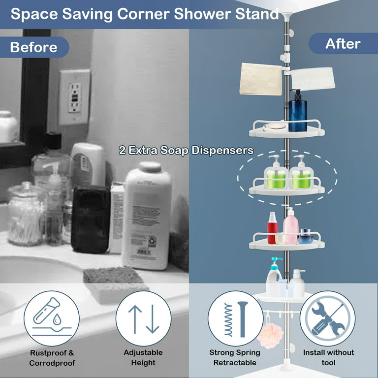 Corner Shower Caddy Tension Pole: Rust Proof 4Tier Shampoo Storage