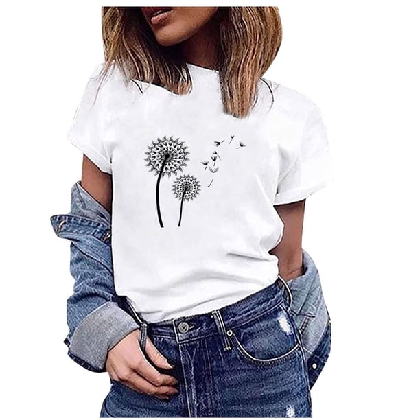 Fiudx Ofertas Del Día Blusa Informal de Manga Corta con Estampado de Cuello Redondo para Mujer