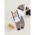 thumbnail image 3 of Bagilaanoe 3Pcs Newborn Baby Boys Halloween Outfits Letter Print Long Sleeve Romper Tops Pumpkin Trousers Hat 3M 6M 9M 12M 18M Infant Fall Long Pants Set, 3 of 9