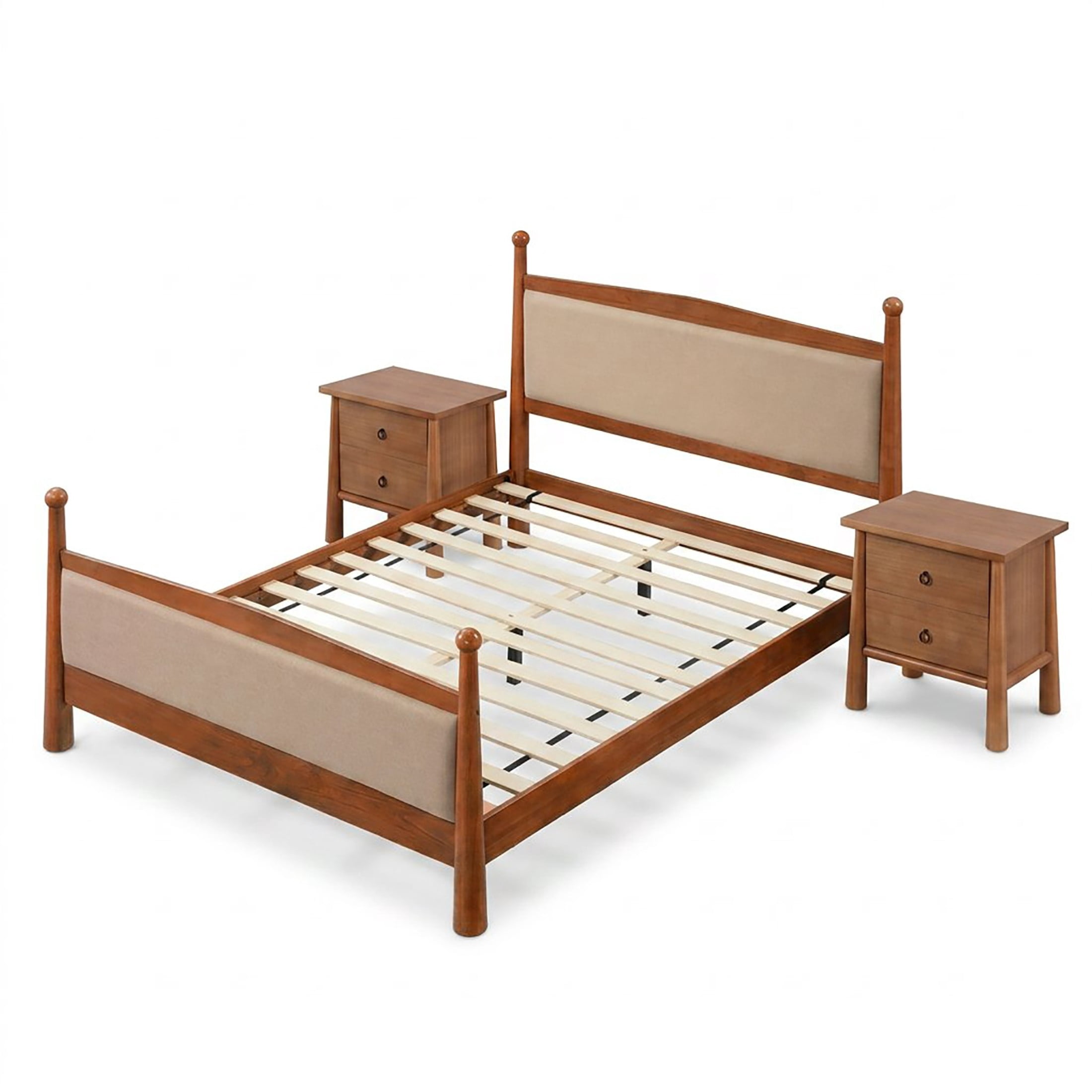 Christopher Knight Home 3-Piece Bedroom Set with Queen Upholstered Bed and 2 Nightstands, Cherry+Natural
