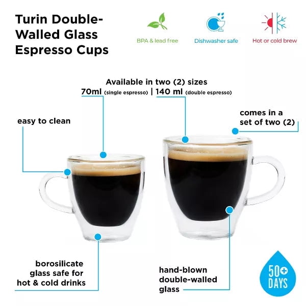 GROSCHE TURIN Double walled espresso cups, coffee mugs, shot cups for tea or coffee, 140 ml