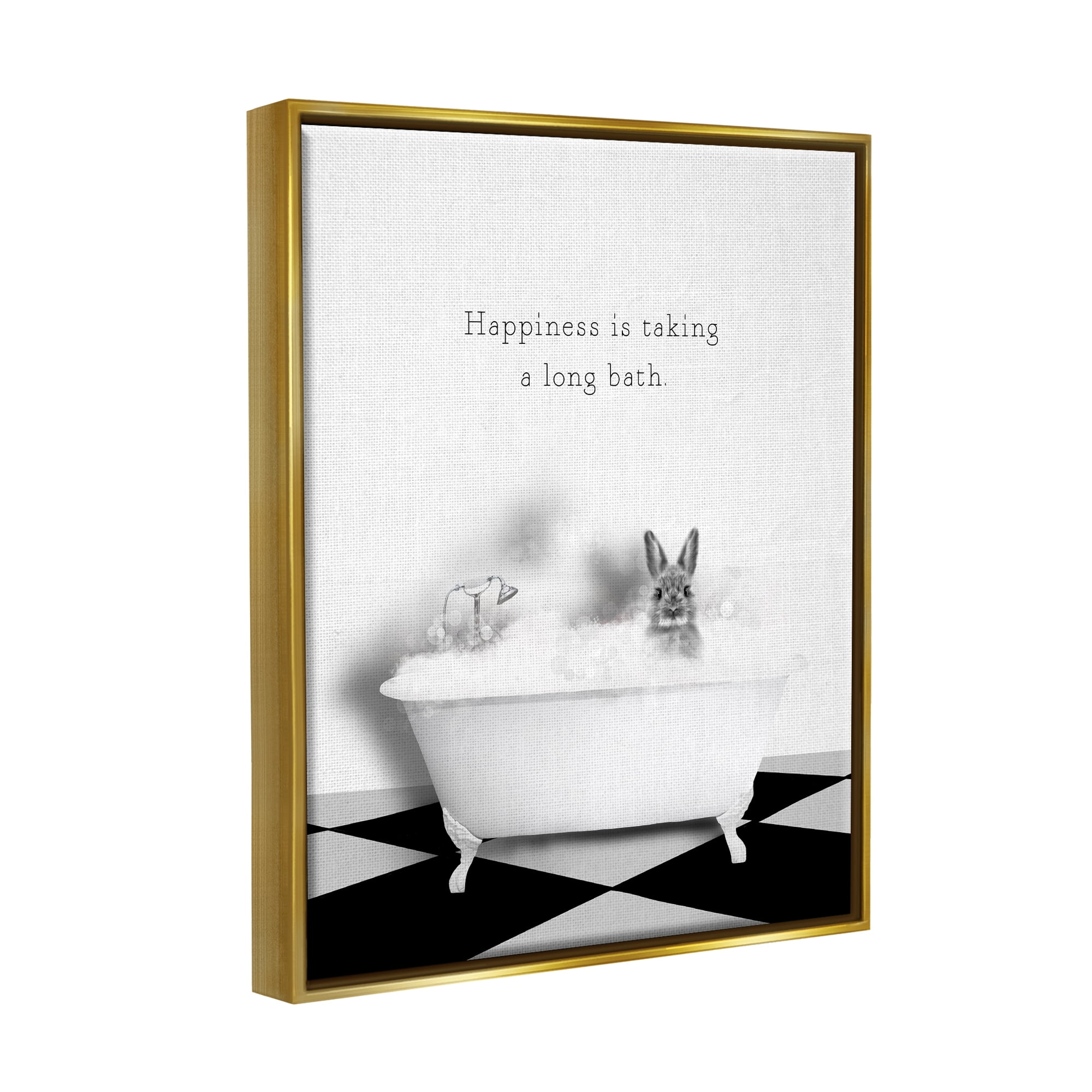 Stupell Industries Happiness is Long Bath Bunny Animals & Insects Painting Gold Floater Framed Canvas Art Print Wall Art, 25 x 31