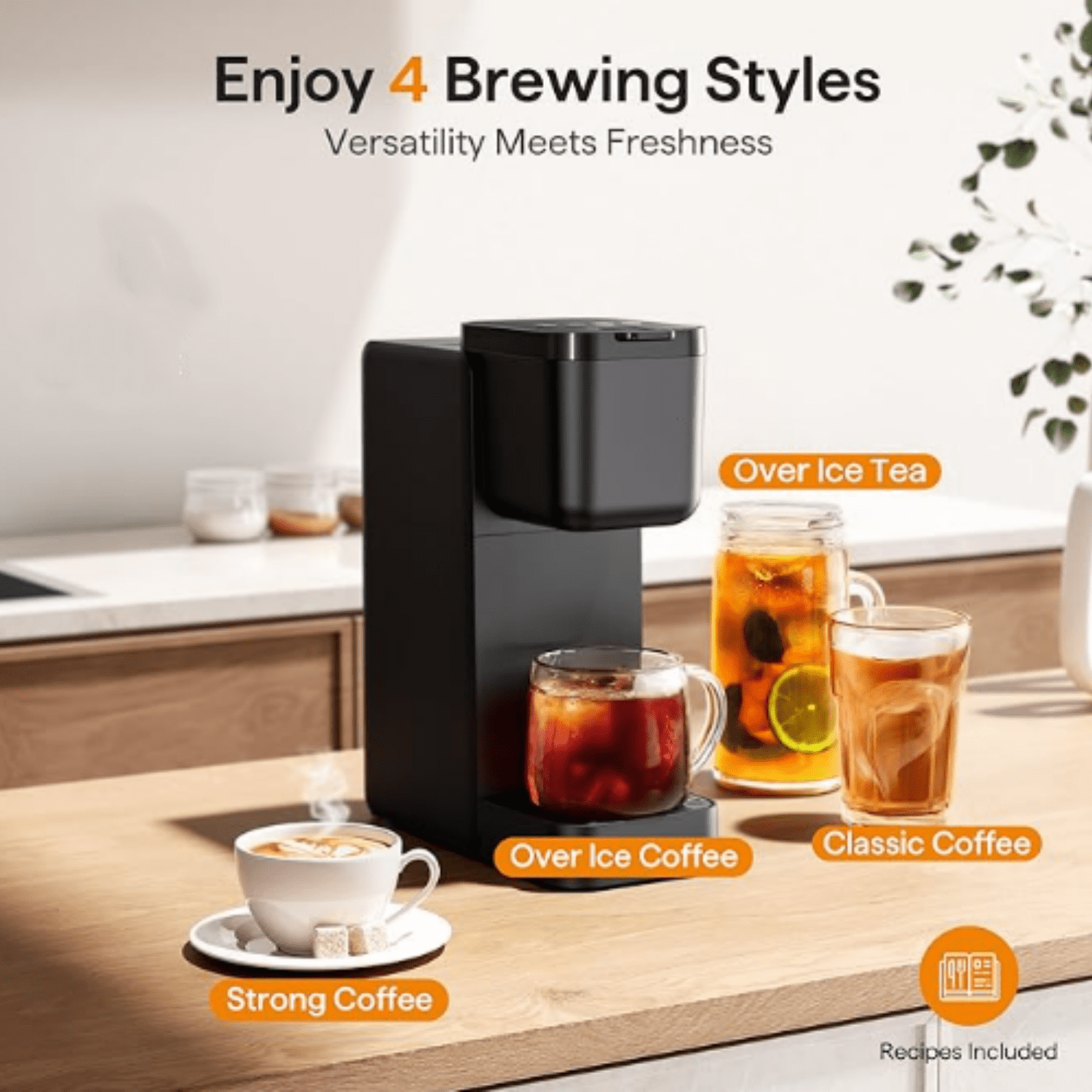 Single Serve Coffee Maker for K Cup, Ground and Tea Leaves, Hot and Iced Coffee Machines with Bold Setting, 6 to 16 Oz Brew Sizes, Compact for Small Spaces, Black (2.0 Version)