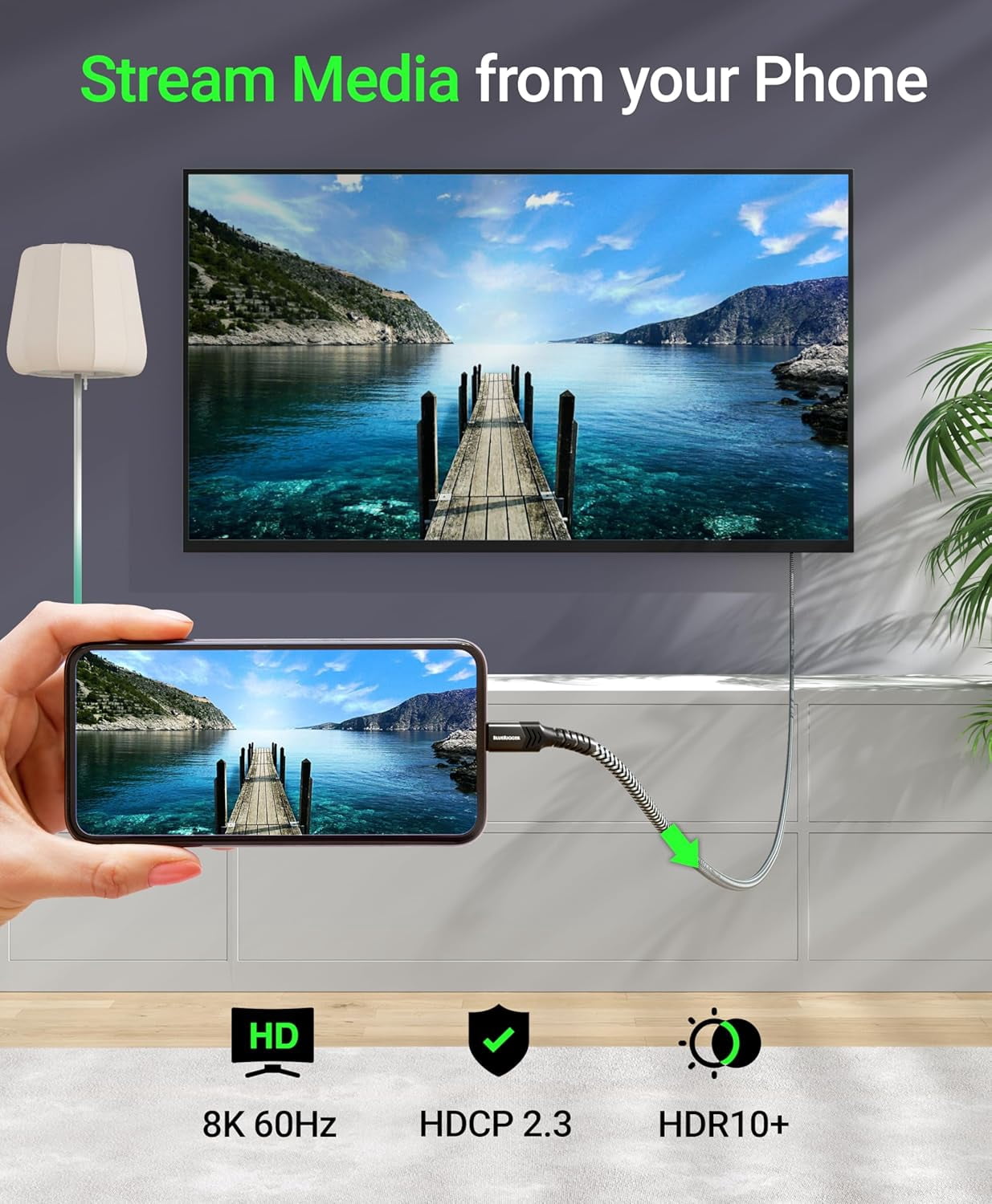 RGHJAR-USB C to DisplayPort Cable (10FT, 8K 60Hz, USB Type-C 3.1 to Display Port, 32.4 Gbps, Thunderbolt 4/3, USB-C to DP 1.4 Cable) - Compatible with Monitor, HDTV, Projector, Laptop