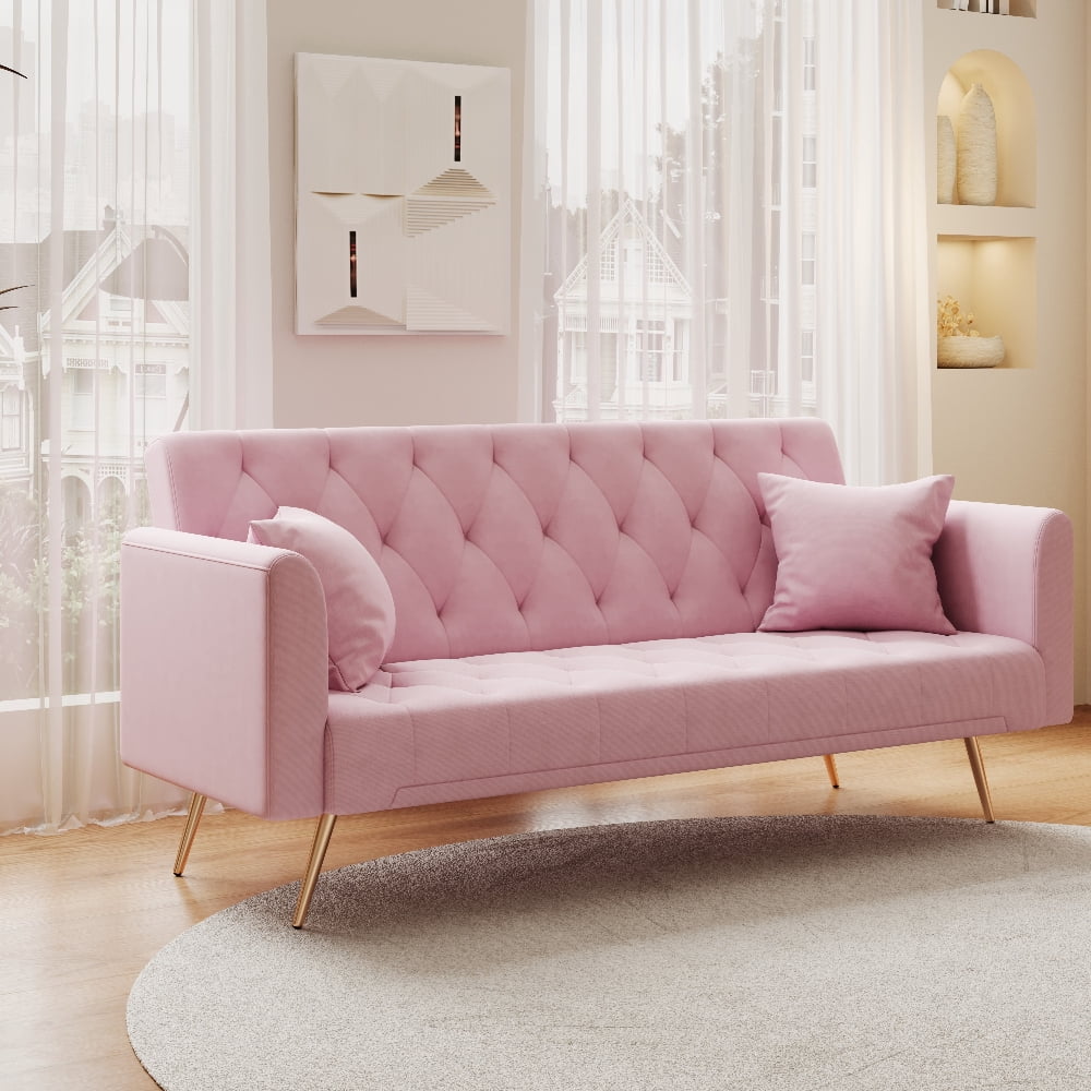 Oufan 71" American Convertible Sofa, Velvet Loveseat with Adjustable Backrest & Metal Legs, 2-Seater Couch for Living Room, Apartment, Pink