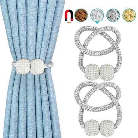 EEEkit Magnetic Curtain Tiebacks, 8pcs Decorative Rope Curtain Holdback Elegant Pearl Ball Magnetic Buckle, Drape Tie Backs Holders Holdbacks Decorative Handmade Rope Clips for Window Decor Bedroom
