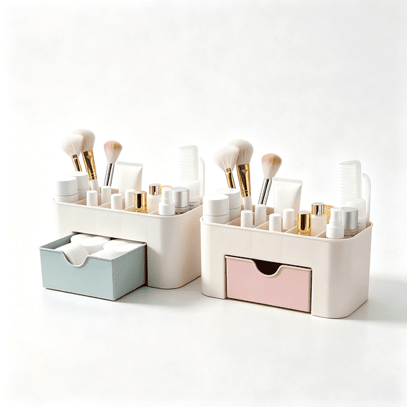 2Pcs Makeup Drawer Organizer(Blue and Pink), Spacious Organizer with Brush Slot – Keeps Makeup, Skincare Tidy, Ideal for Vanity Desk