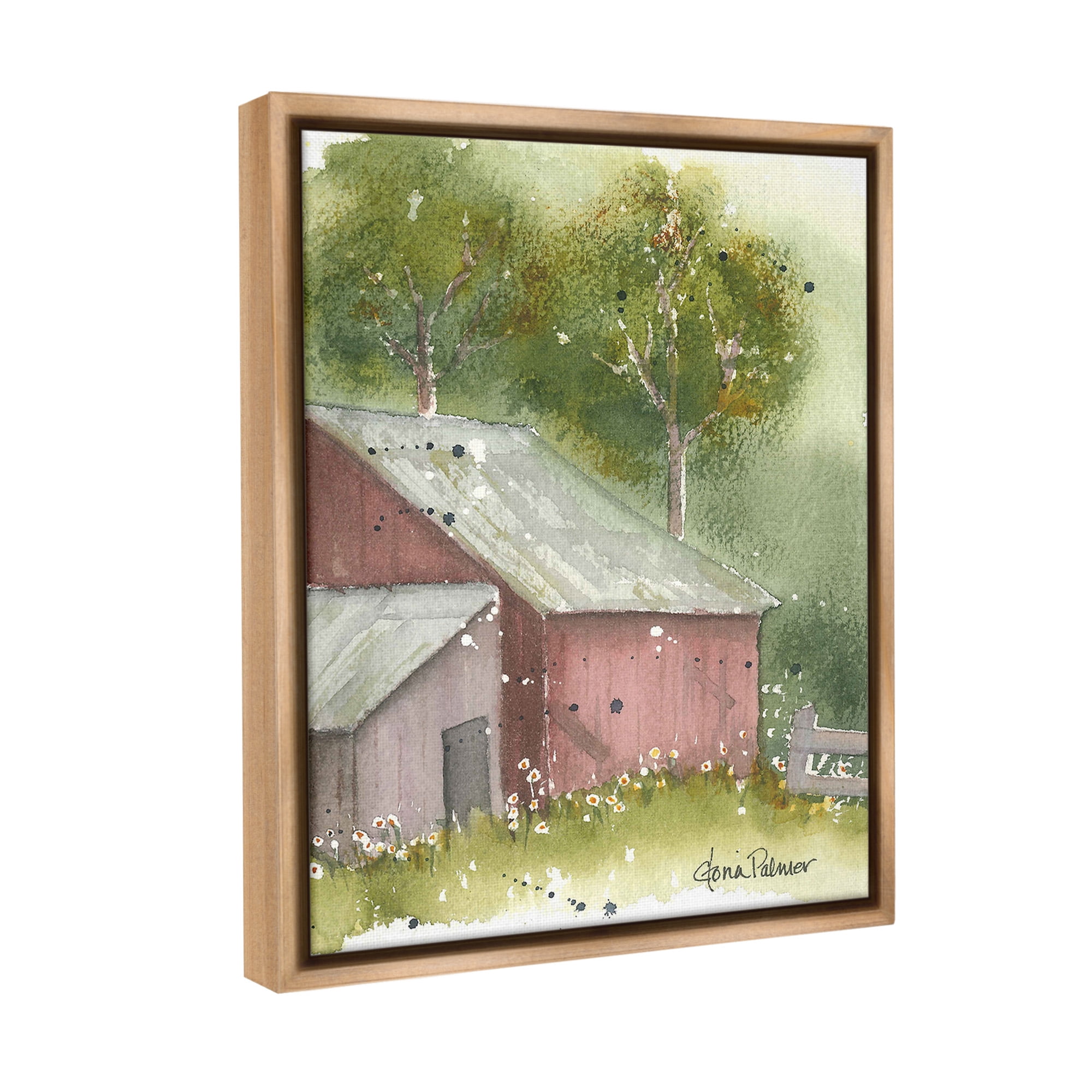 Stupell Industries Barn with Spring Florals Landscape Painting Brown Floater Framed Canvas Art Print Wall Art, 17 x 21