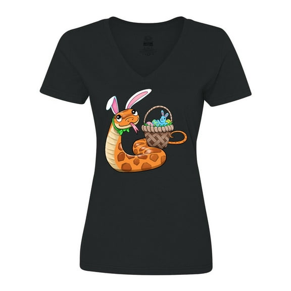 Inktastic Easter Cute Snake with Basket and Bunny Ears Women's V-Neck T-Shirt