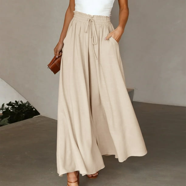 Lutabuo Pantalon large pour femme Pantalon taille lastique la mode Pantalon femme simple Beige L