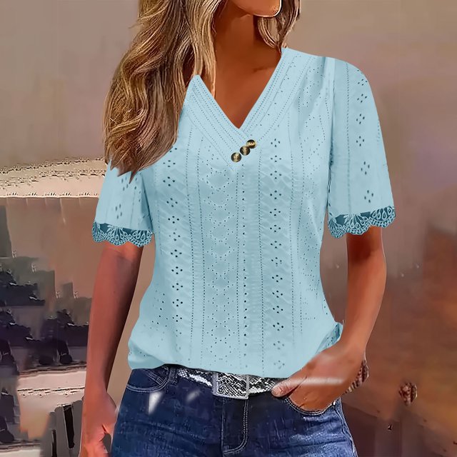 AOOCHASLIY T-Shirt d'Été Plissé à Manches Courtes pour Femmes avec Boutons, Col en V, Couleur Unie, Mignon