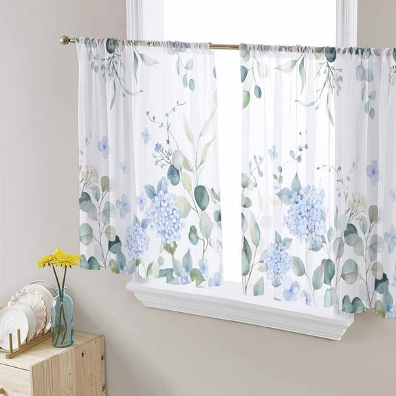 Eucalyptus Flower Semi Sheer Curtains 45 Inch Length 2 Panels Set, Sage Green Leaf Blue Floral Watercolor Sheer Kitchen Curtain Privacy Voile Window Curtain for Living Room Bedroom Rod Pocket Drapes
