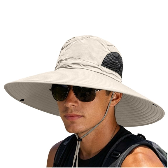 Wide Brim Sun Hat for Men & Women, UPF 50 UV Protection, Breathable Mesh Windproof Chin Strap Foldable Outdoor Hat, Fishing Hiking Hat for Camping Mountain Travel Khaki Free Size