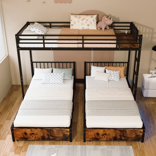 Triple Bunk Bed for 3, Metal 3-Bed Bunk Beds Separates into 3 Twin Beds with Noise-Reduced Structure for Bedroom, Guest Room, Black