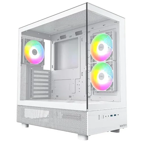 MONTECH XR, ATX Mid-Tower PC Gaming Case, 3 x 120mm ARGB PWM Fans Pre-Installed, Full-View Dual Tempered Glass Panel, Wood-Grain Design I/O Interface, Support 4090 GPUs, 360mm Radiator Support, White
