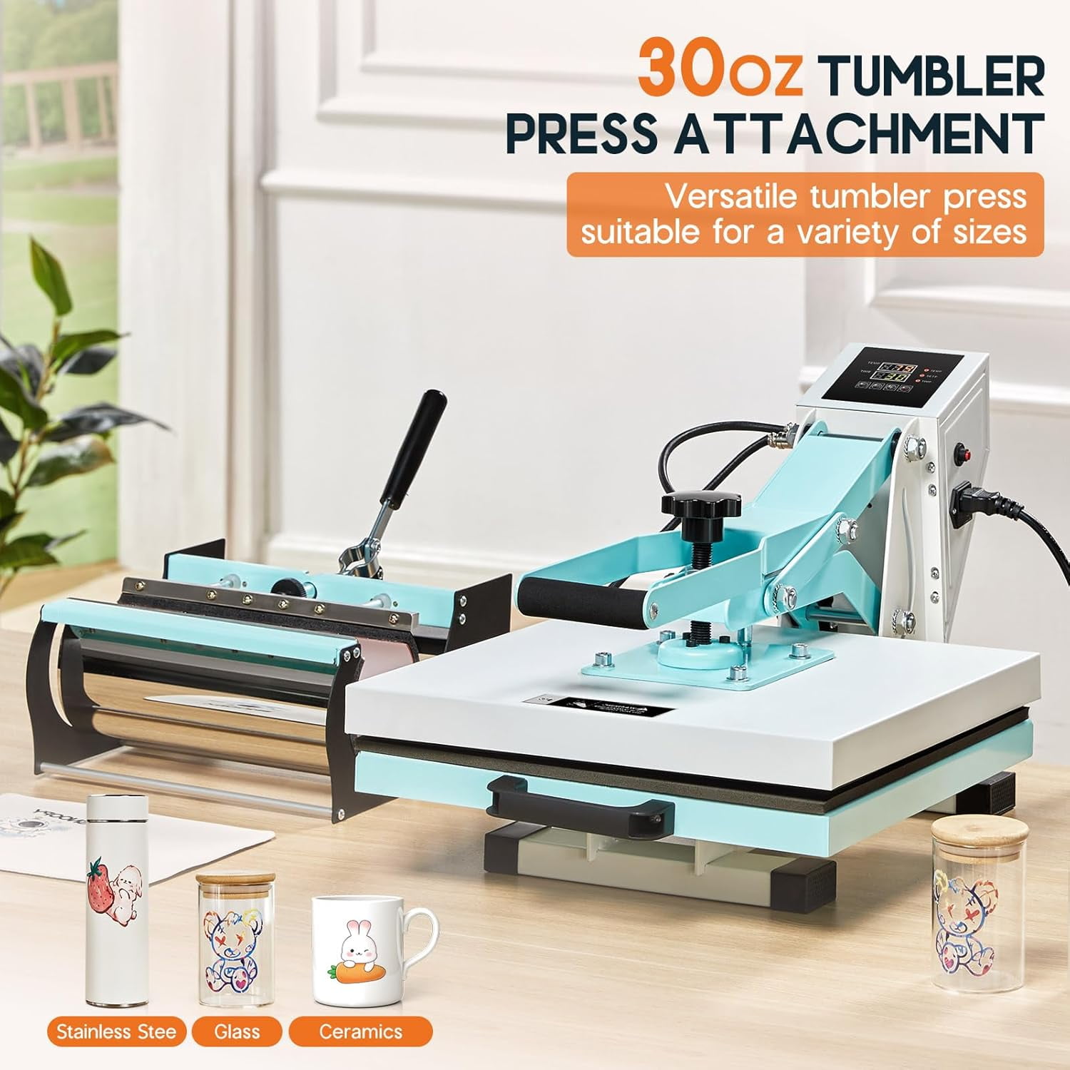 LUXOAK 2-in-1 15x15 Heat Press, Industrial-Quality Digital Sublimation Heat Press Machine for T-Shirts, Mugs, 30oz Mug Press, Sewing Guides, Blue