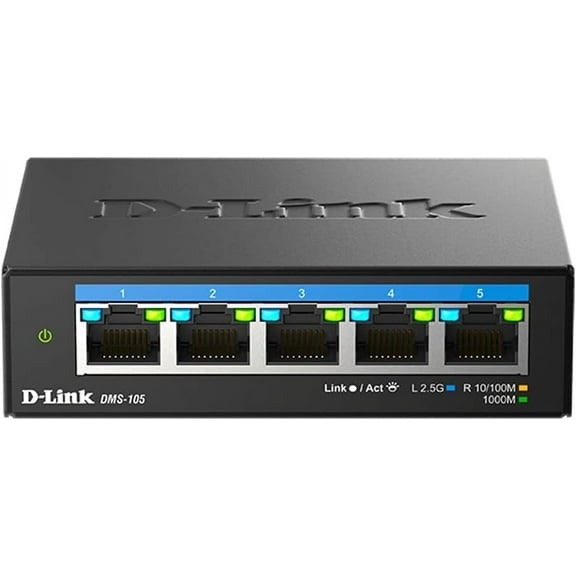 D-Link 5-Port 2.5Gb Unmanaged Gaming Switch with 5 x 2.5G - Multi-Gig, Network, Fanless, Plug & Play (DMS-105),Black
