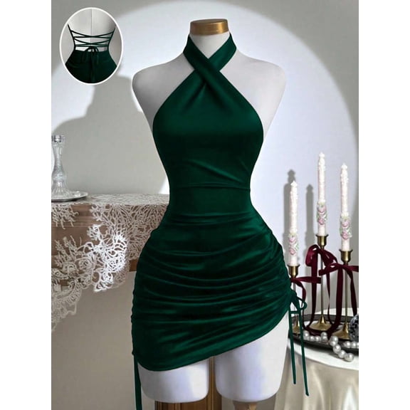 Dark Green Velvet Halter Neck Criss-Cross Ruched Waist Bodycon Mini Dress Sleeveless