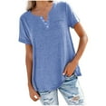 thumbnail image 2 of Miluxas Women Fashion Solid Color V-Neck Button T-shirt Short Sleeve Loose Blouse Summer Plus Size Oversized Tops Sales Blue 6(M), 2 of 4