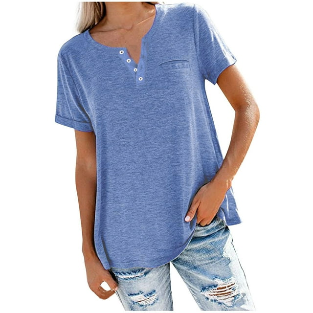 Birdeem Women Fashion Solid Color V-Neck Button T-Shirt Tops Short Sleeve Loose Blouse
