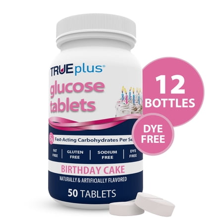 TRUEplus Glucose Tablets, Chewable, Birthday Cake Flavor, 50 Count, 12 Bottles
