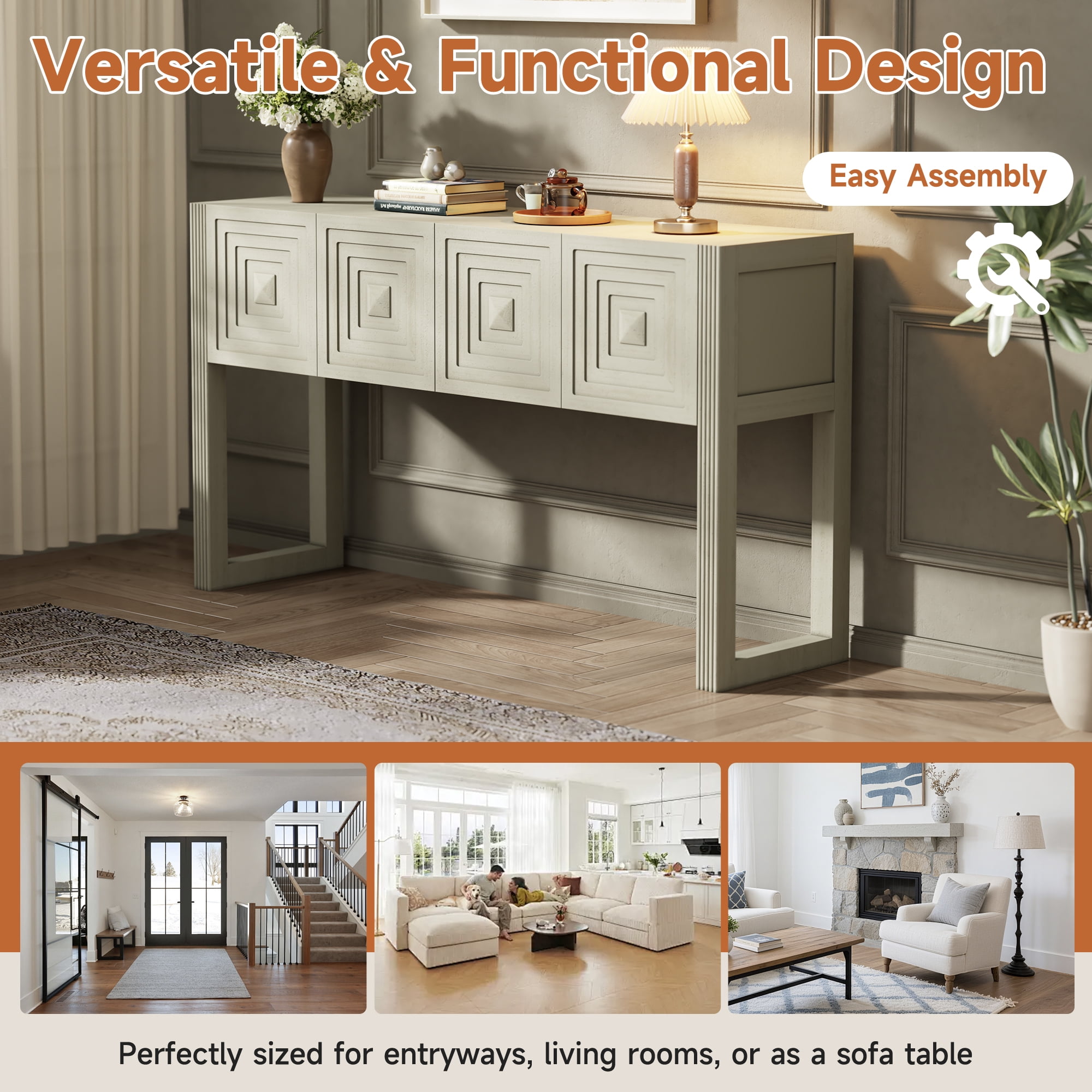 Aukfa 55" Geometric Carved Console Table with 3 Drawers, Fluted Leg Entryway Table, Modern Sofa Accent Table for Living Room/Hallway,Parchment