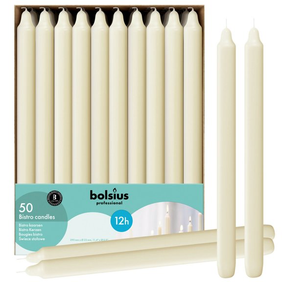 Bolsius 50 Ivory Taper Candles 11.5" Unscented Dripeless & Smokeless Long Buring Table Candles for Christmas, Wedding, Dinner, Emargaency.
