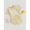 thumbnail image 3 of Suealasg Toddler Boy Girl Summer Outfits 2Pcs Infant Baby Beach Clothes Set Short Sleeve Letters Print T-Shirt Tops Elastic Waist Shorts Set 0-2 Years, 3 of 9