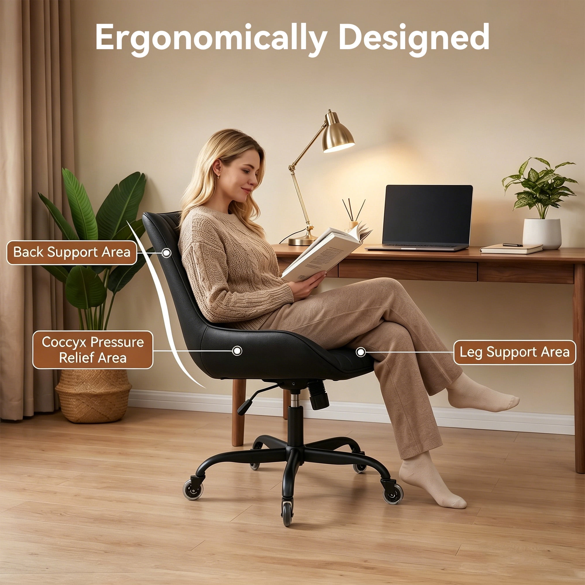 MOONMISS Armless Office Desk Chair Modern Upholstered Faux Leather Swivel Task Chair,Black