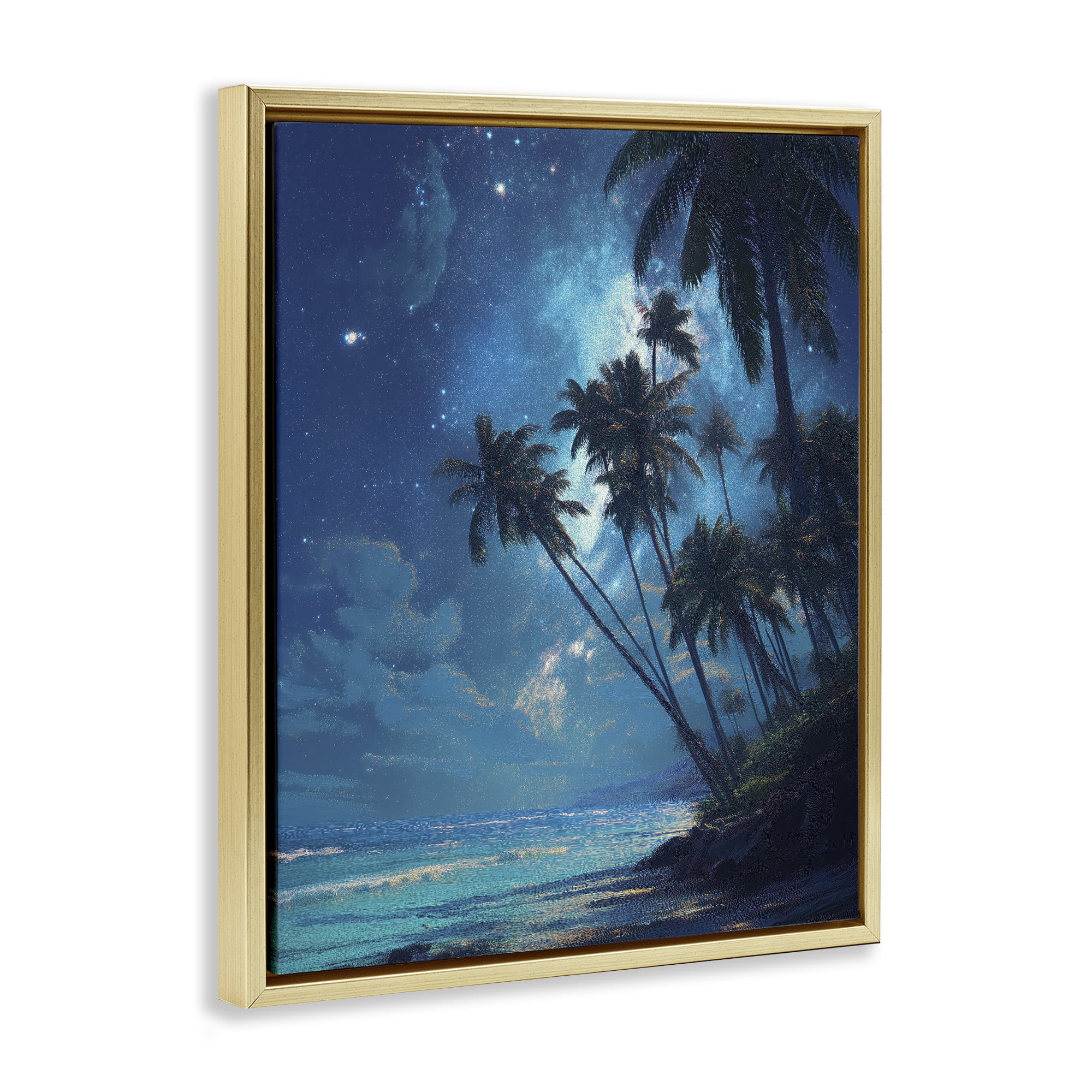 Moonlit Beach Palm Trees Gold Framed Floater Canvas Wall Art, design by Ziwei Li