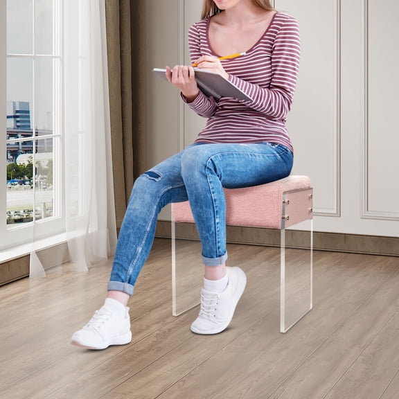 Acrylic Makeup Stool Chair 16.5x11.4x17.7in Clear Pink Modern Vanity Stool with 441 lbs Capacity & Plush Fleece Cushion