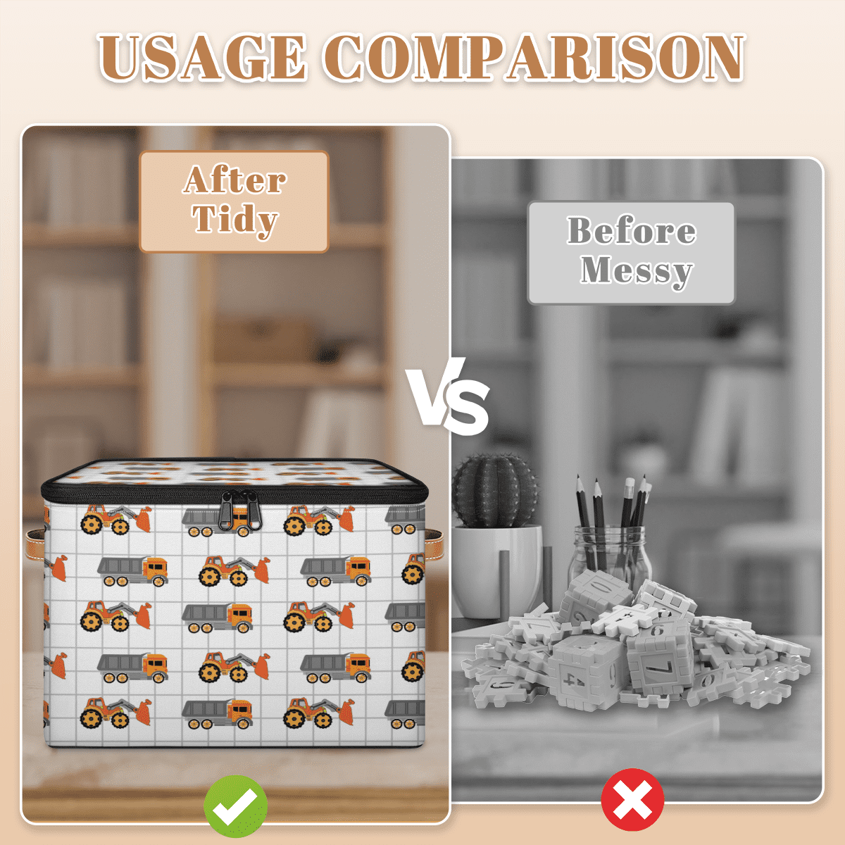 Storage Bins with Zipper Lid,Collapsible Organizer Box for Bedroom Living Room,Toys Clothes Pet Stuff, Construction Vehicle Print 14x10.2x10.4 Inch