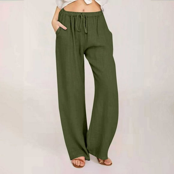 LOVZFMLL Women's Pants, Casual Cotton Linen Drawstring Elastic Waist Long Wide Leg Pants Green, L