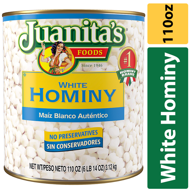 Juanita's Foods White Hominy, Shelf Stable Canned Hominy, 110 oz