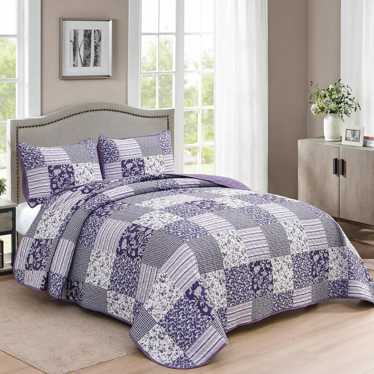 3 Pieces Grid Patchwork Queen Size Bedspread Quilt Bohemian Stripe Coverlet Set (90"x96")