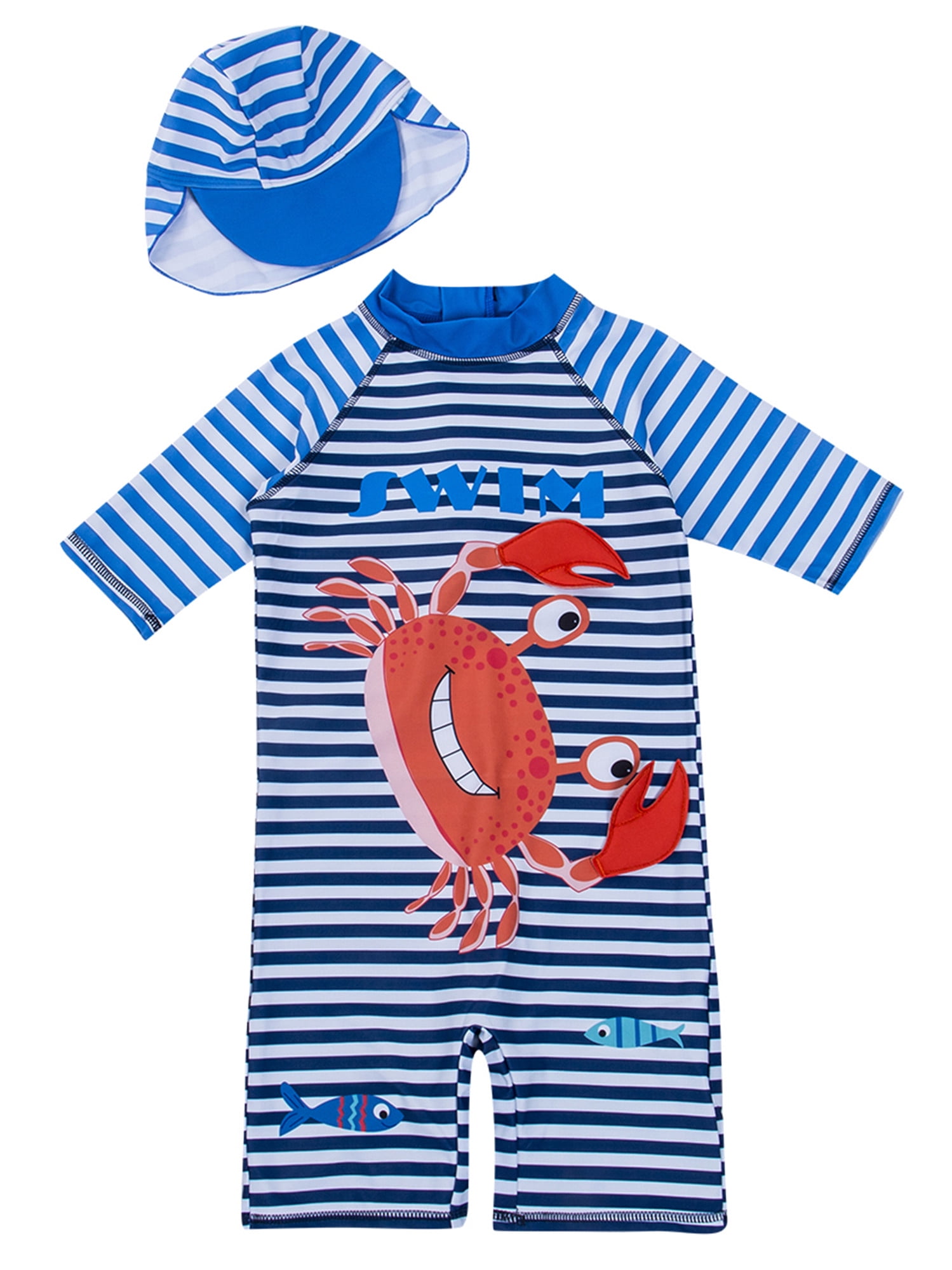 Baby Boys Swimsuit,All-in-One Rash Guard Sun Protection Quick-Drying Surfing Swimwear with Hat Crab Style