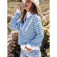 thumbnail image 3 of Women Striped Half Zip Long Sleeve Ribbed Knit Pullover Comfy Casual Light-Weight Tops Fall Fashion Blue XL, 3 of 8