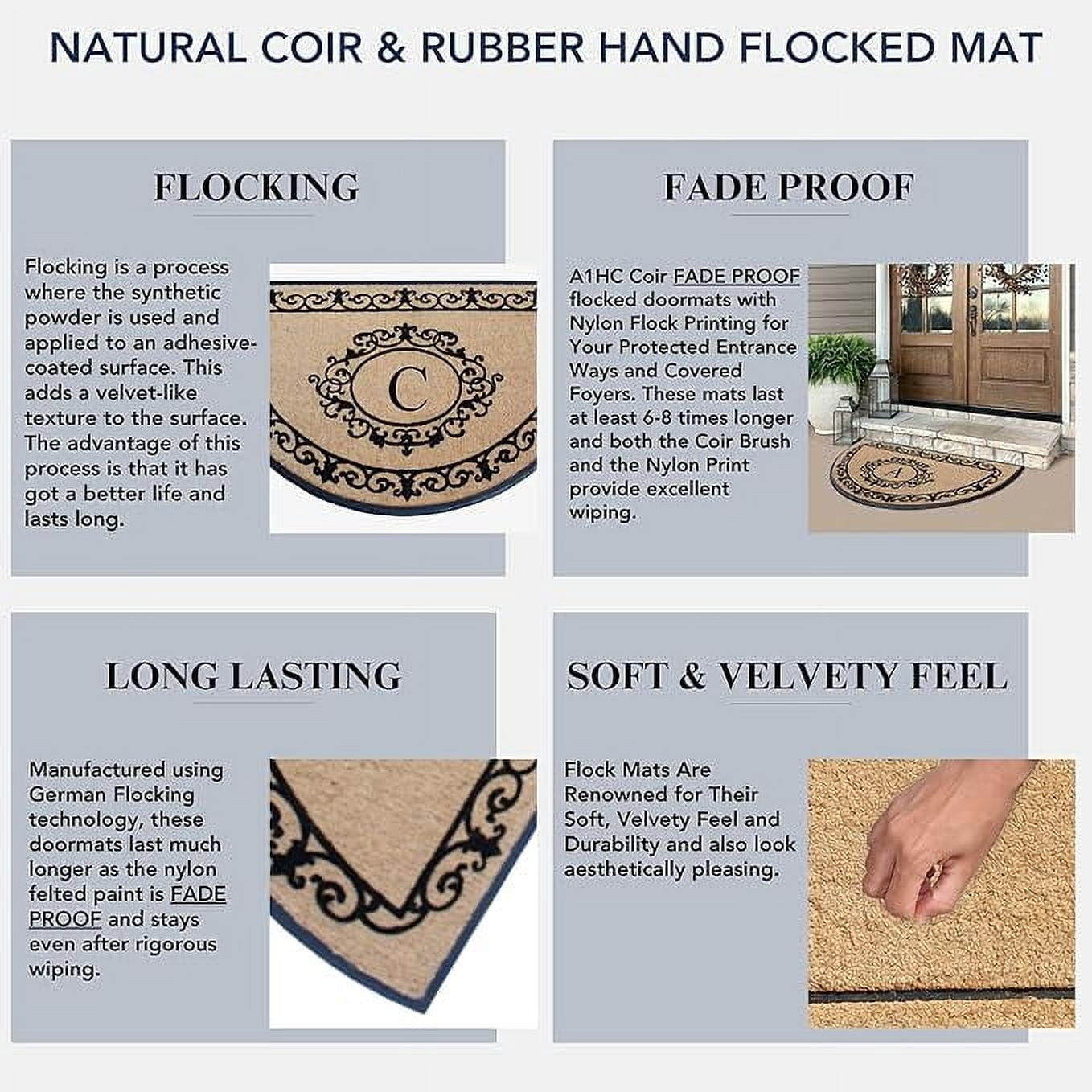 A1HC Heavy-Duty Semi-Circular Coir and Rubber Doormat, 36"x72" Hand-Flocked Monogrammed Front Porch Entrance Rug with Floral Design