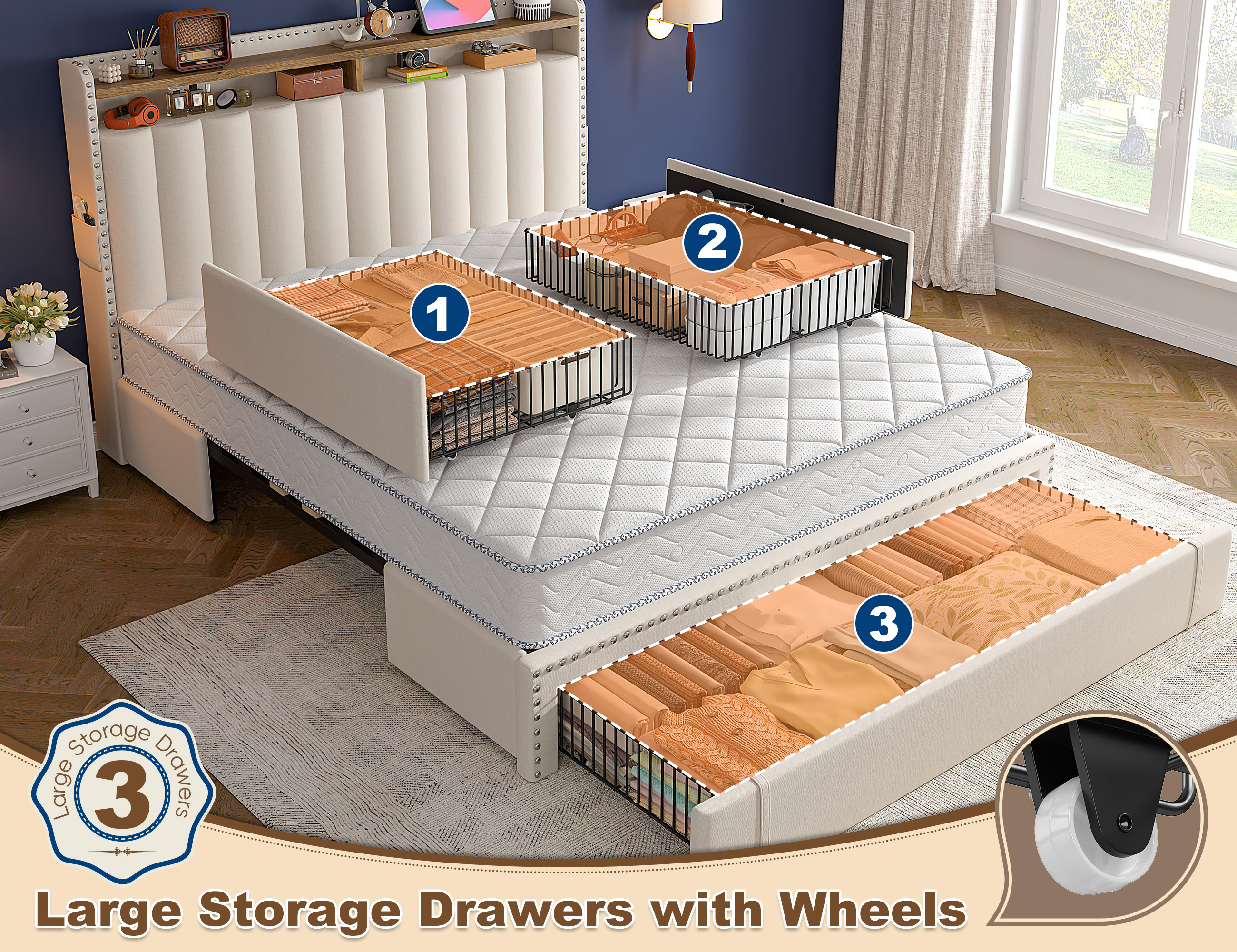 EnHomee Queen Platform Bed with Headboard & 3 Drawers, Beige photo 6