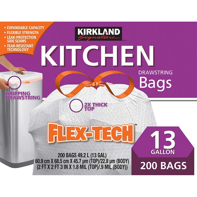 Drawstring Kitchen Trash Bag 13 Gallon 200ct Can Kitchen Garbage Dinner Kirkland 