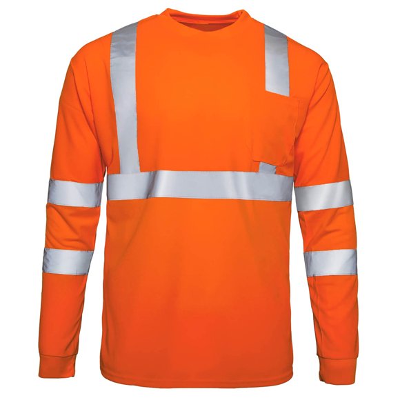 Leodye Men's Safety Shirt Long Sleeve Round Neck Comfortable High Visibility Reflective Breathable T Shirt Orange XXXXL(XXXXL)