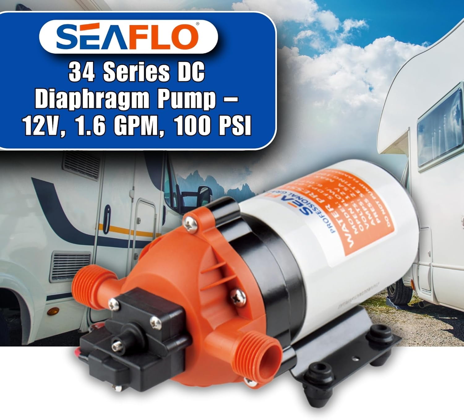 SEAFLO 12V 1.6 GPM 100 PSI 34 Series Water Pressure Diaphragm Pump | Continuous Duty, Built-In Pressure Switch, Self-Priming, and 4-Year Warranty