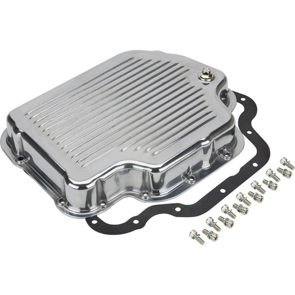 GM TH400 Polished Finned Aluminum Transmission Pan: Enhanced Cooling Design, Includes Drain Plug, Bolts & Gasket, 2-1/4" Depth, Utilizes Stock Fluid Filter for Turbo 400 Automatic Transmission